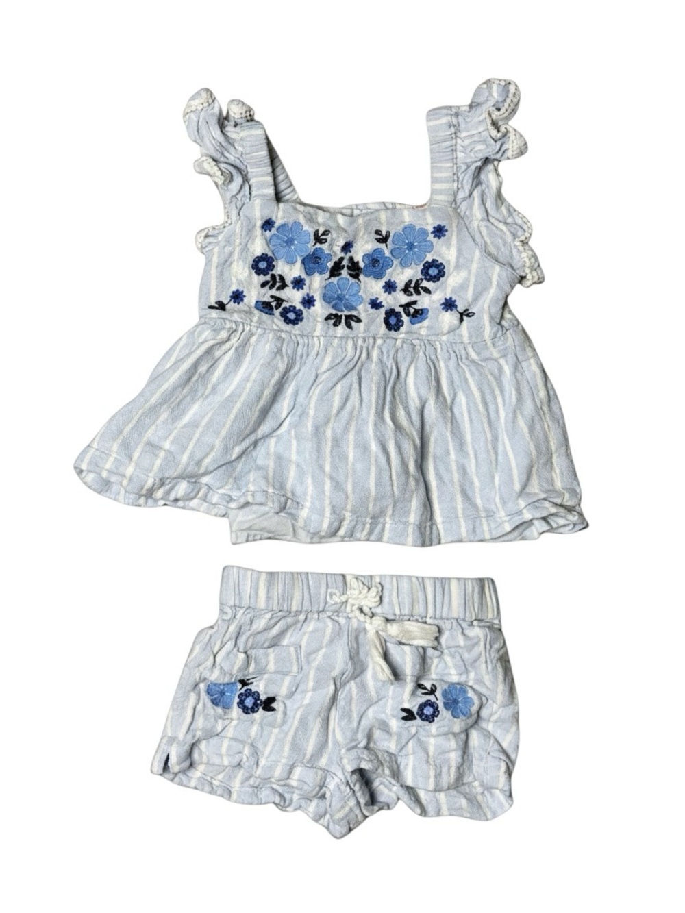 Max Studio Light Blue & White Striped Floral Embroidered Two-Piece Set